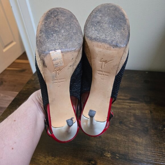 Giuseppe Zanotti Black Canvas Patent Leather Cork Platform Slingback Pumps - Picture 9 of 11